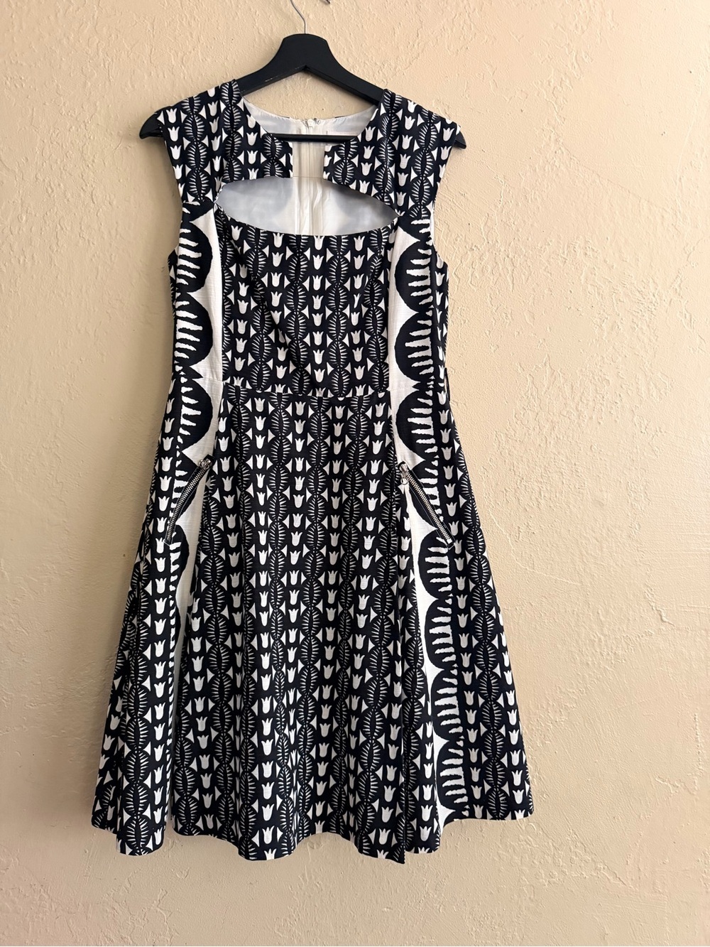 Tracy Reese Black & White Cutout Midi Silk Blend Dress